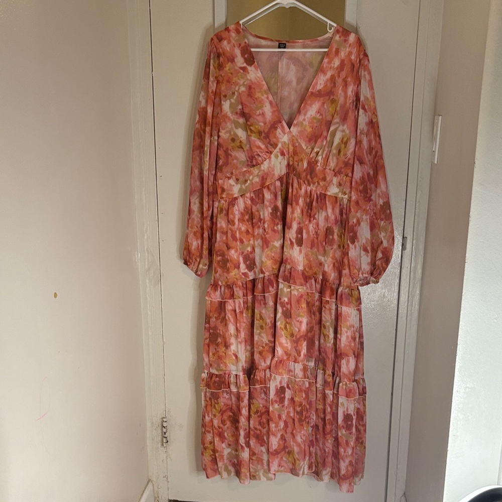 SHEIN V Neck Pink Floral Long Sleeve Dress 3XL